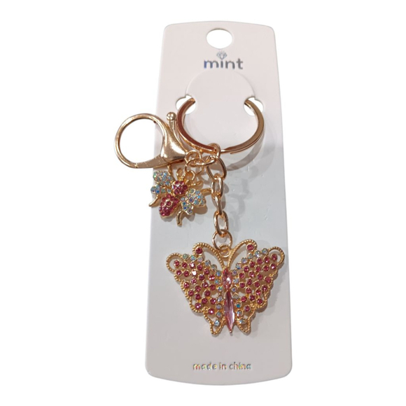Beautiful Pink Rhinestone Butterfly Bumblebee Gold Tone Keychain Purse Charm - Picture 8 of 8